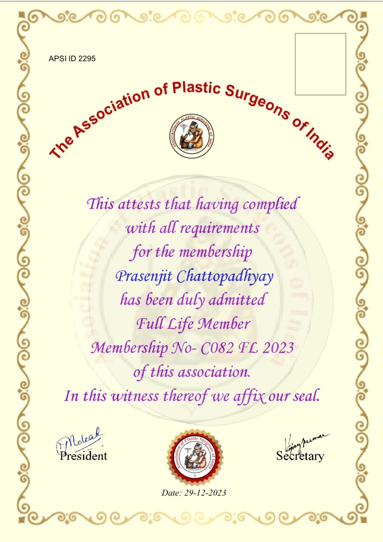 Certificate from APSI (Association of Plastic Surgeons of India)