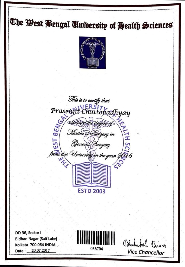 Certificate from The West Bengal University of Health Science